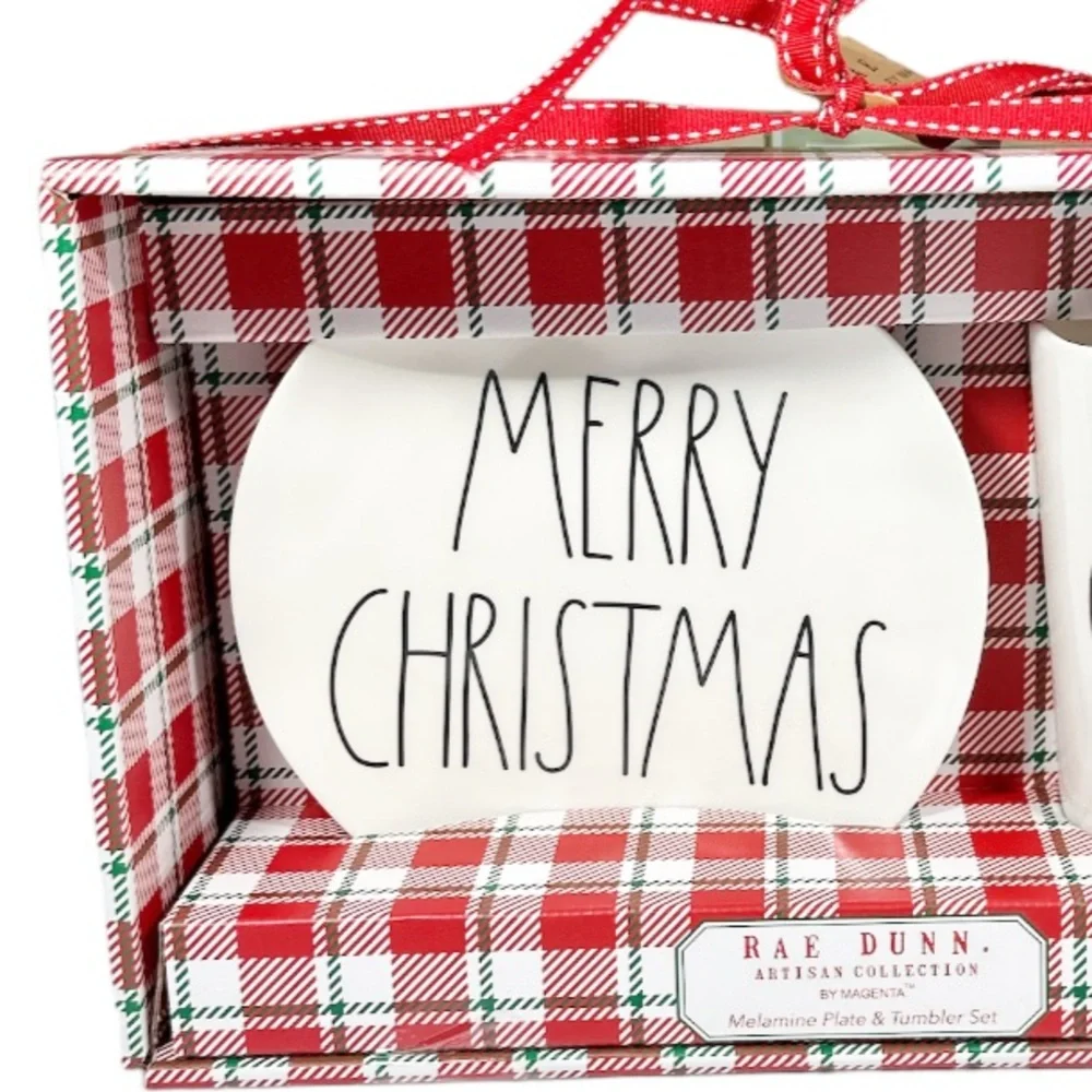 NEW Rae Dunn MERRY CHRISTMAS/CHEER Melamine Plate & Tumbler Set